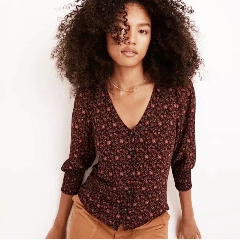 Madewell Floral V-Neck Blouse - Black and Red